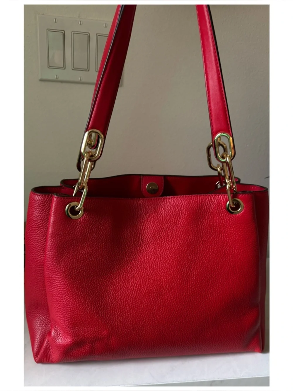 Michael Kors Red Pebble Leather Shoulder Tote with Gold Hardware